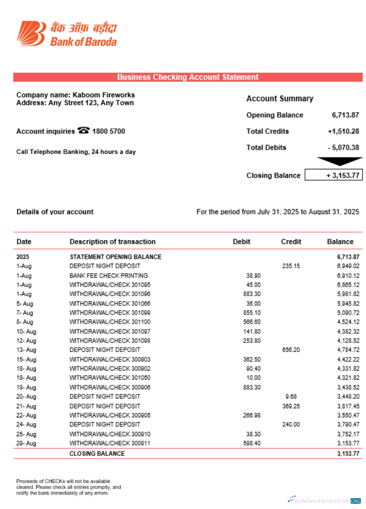 Download Bob Bank of Boroda firm account statement Word and PDF template Photoshop template